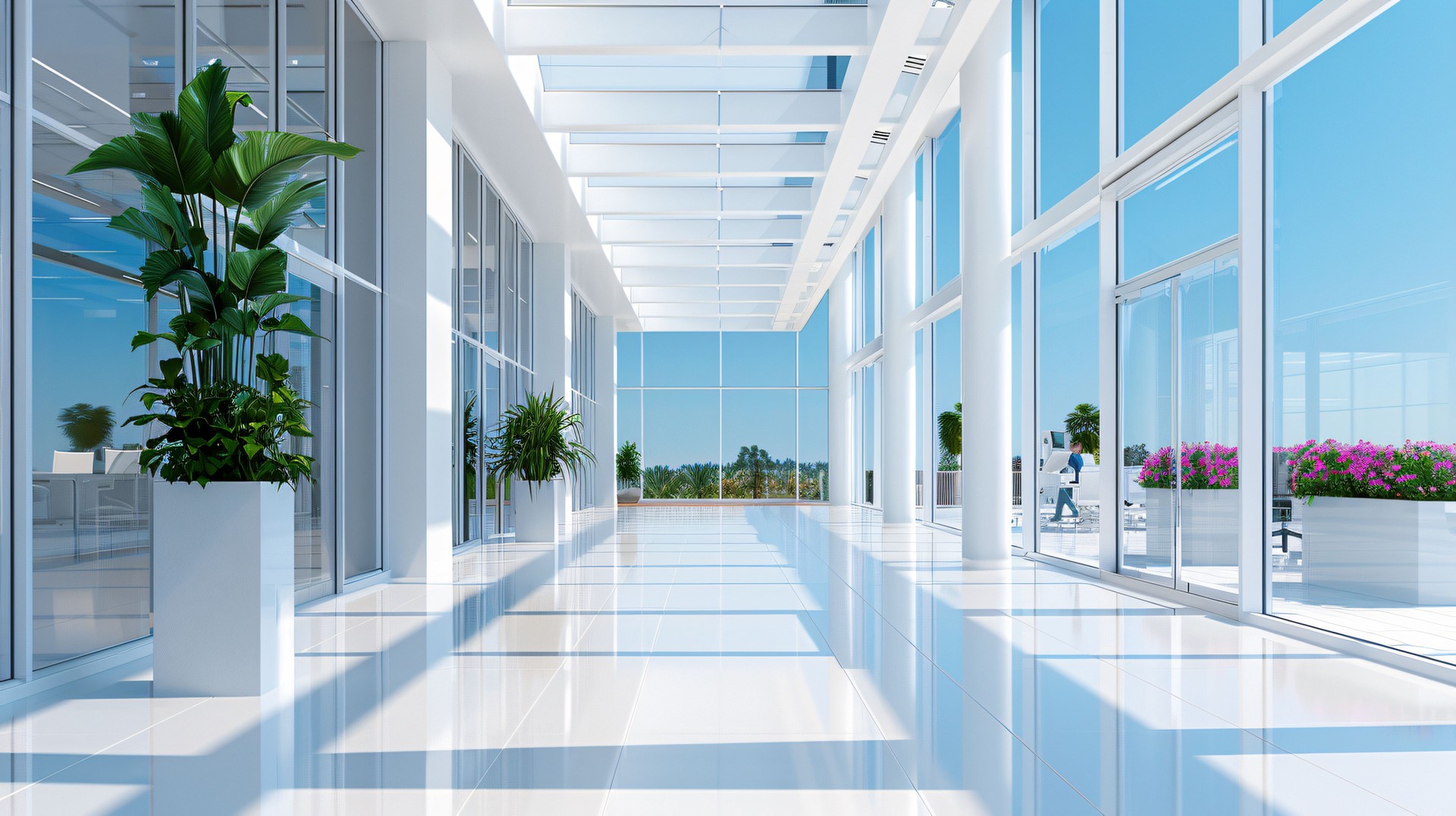 Modern Office Interior with Bright Hallway and Glass Walls